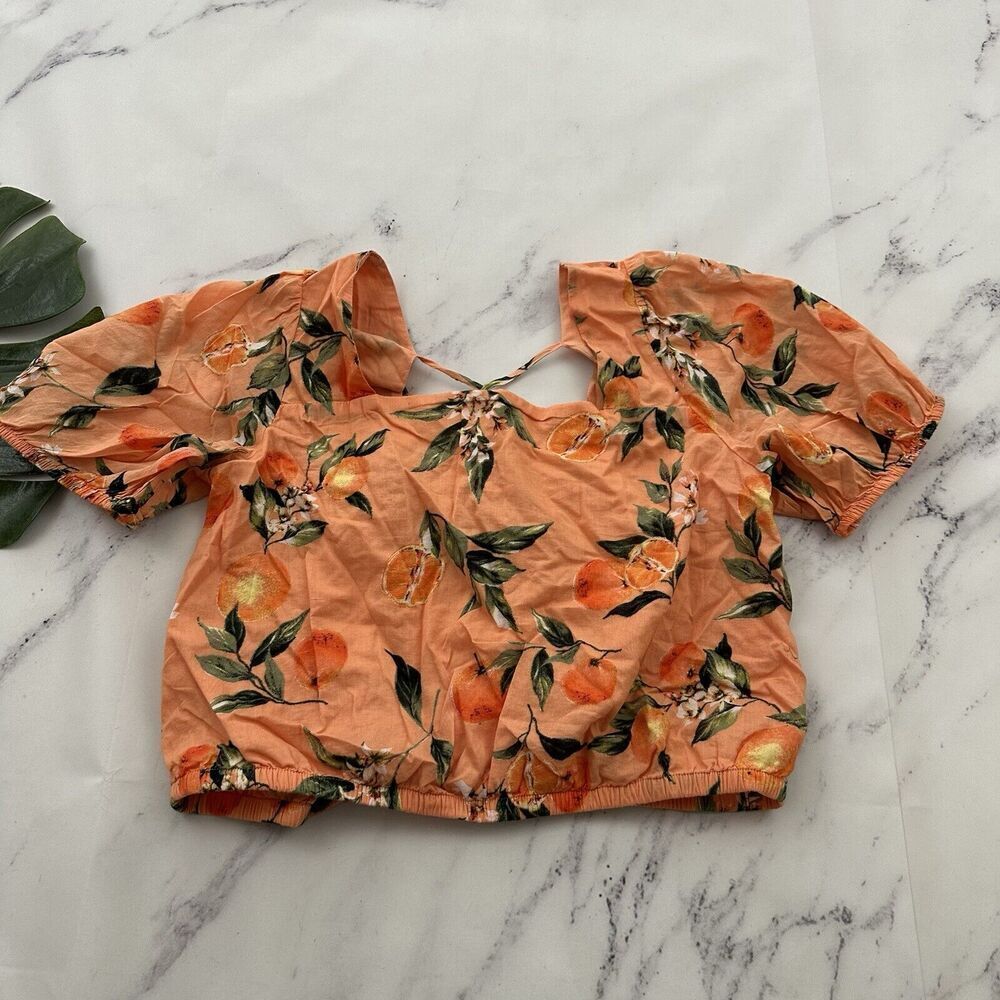 Loft Womens Lace Up Crop Top Size S Orange Green Fruit Floral Puff Sleeve